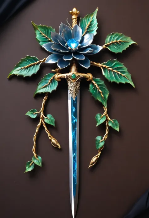 Magic Sword，Alloy iron flower，Alloy vines surround the magic sword,There are iron flowers on the sword，heavy metal style，metal art，flower made of iron，iron leaf，Full metallic luster，Metal texture in the post-industrial era，Crafts made from twisted alloy wi...