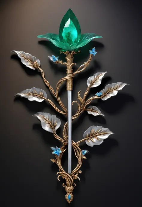 Magic Sword，Alloy iron flower，Alloy vines surround the magic sword,There are iron flowers on the sword，heavy metal style，metal art，flower made of iron，iron leaf，Full metallic luster，Metal texture in the post-industrial era，Crafts made from twisted alloy wi...