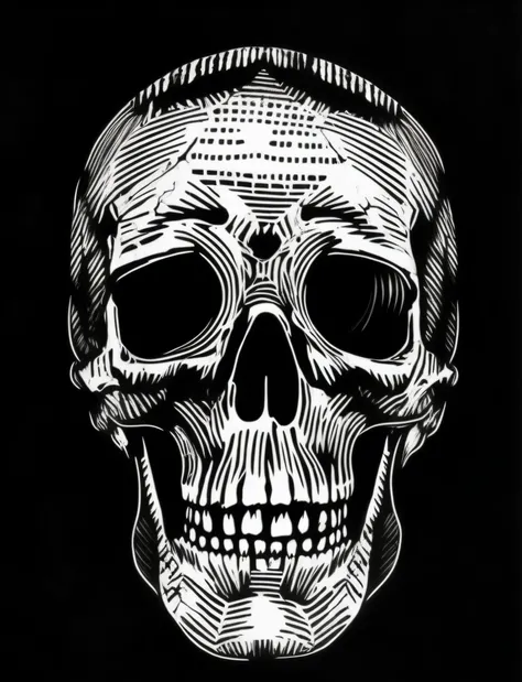 un dibujo en blanco y negro de una calavera con una gran sonrisa, ((caveira)), skull design for a rock band, Dibujo de una calavera, skull face, caveira, skull head, caveira, Mark Riddick, cara de esqueleto, Skull of Death, Human skull, Full skull-shaped f...