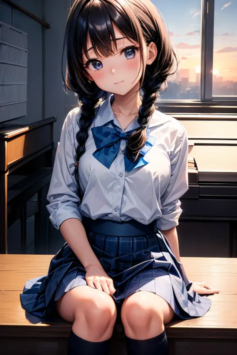 (8K, Best Quality, masutepiece:1.2)、超A high resolution、1 16-year-old female、Detailed fingers、head tilt、detailed face、deep detailed eyes、happy、long sleeve school uniform、navy skirt in plaid skirt、Black hair、twin braids、独奏、Detailed fingers、((There is a grand...