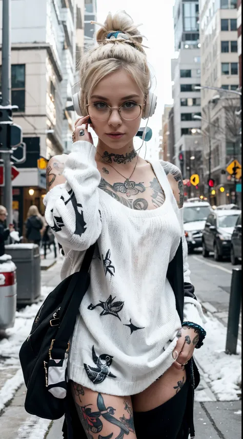 Beautiful punk white girl, 22, tattoos, blonde hair in a bun, headphones, sweater and glasses, in a wintery city