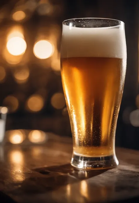 Capture a close-up shot of a perfectly poured beer, showcasing the golden hue, rich foam, and tantalizing condensation on the glass