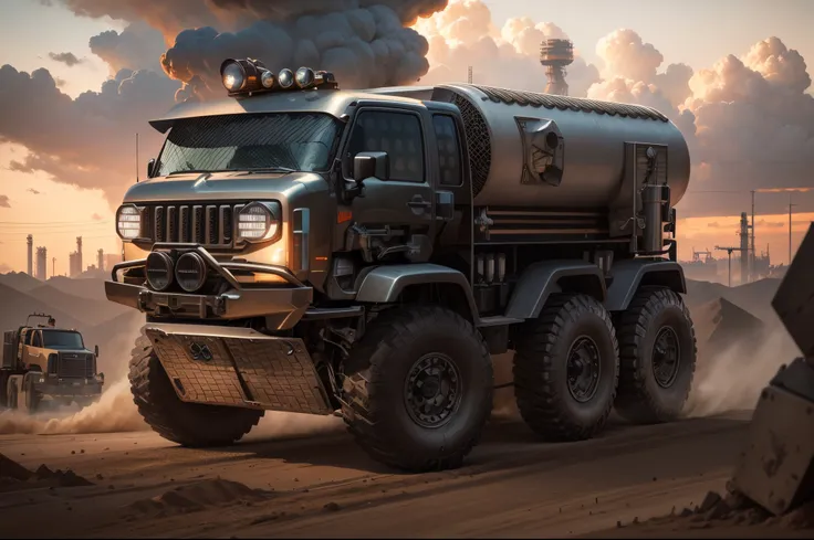 Impressive and powerful metallic truck with various rescue accessories, like shovels and axes, enormes rodas BBS, headlights on and on, in the background buildings and construction of an oil refinery with some jets of fire and flames shooting into the air