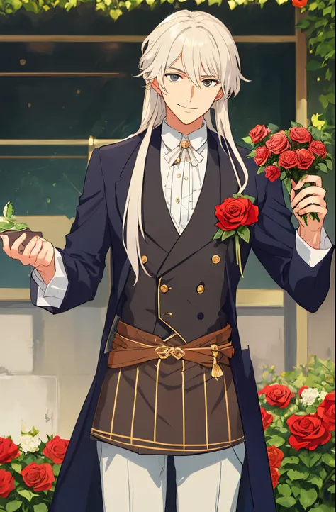 Man with long white hair，quadratic element，western gentleman ，Shinkai sincerely，cool guy，ellegance，Holding roses，ssmile