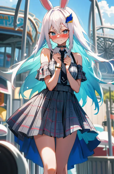 One girl with long hair, white hair, blue inner hair, looking at viewer, embarrassed, blushing, tears, outdoor, Amusement parks, bunny headband, sweaters, bare shoulders, necktie, plaid mini skirt, thigh, slim, dizzy, choker, mid-chest, wide hips, perfect ...