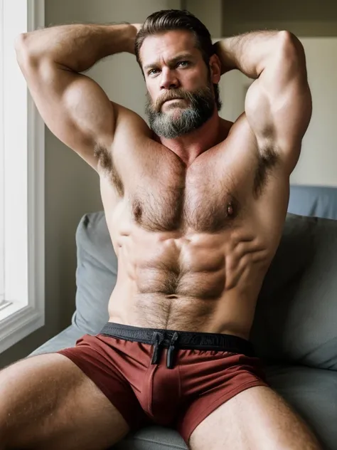 Paloroid image, old distroted, thirstrap, Hot hunky uncle, hairy, macho, redneck, handsome, wearing a white tank top:1.4, relaxing at home, hot photo, erotic photo