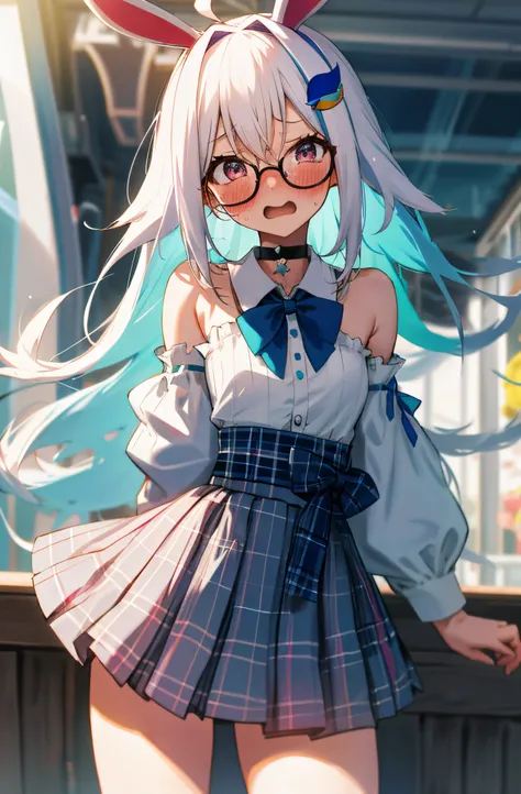 One girl with long hair, white hair, blue inner hair, looking at viewer, embarrassed, blushing, tears, open mouth, outdoor, Amusement parks, bunny headband, sweaters, bare shoulders, bowtie, plaid mini skirt, slim, dizzy, choker, mid-chest, wide hips, perf...