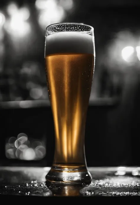 a black and white image of a beer glass with water droplets on its surface, adding a touch of sophistication and elegance to the photo