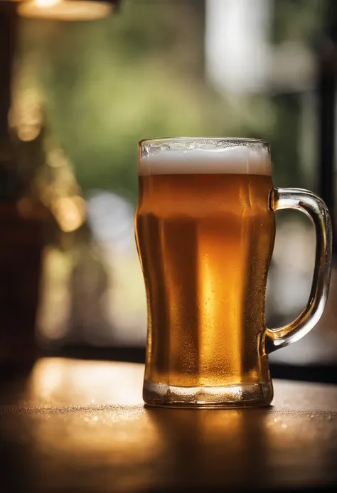 a close-up shot of a beer mug with condensation on the outside, emphasizing the beer’s refreshing and thirst-quenching qualities