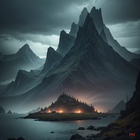 A Far Island at the distance, Dark atmosphere, Mountains on the island, Gray clouds and atmosphere, (best quality, 4k, 8k, highres, masterpiece:1.2), ultra-detailed, (realistic, photorealistic, photo-realistic:1.37), HDR, UHD, studio lighting, ultra-fine p...