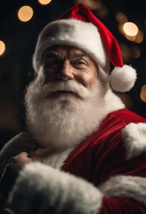 a close-up shot of a muscular Santa Claus flexing his biceps, showcasing his strength and power combined with the festive spirit