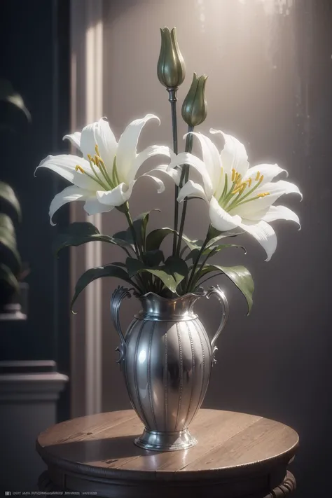 Metallic flowers, with solid silver lilies made of silver, real, true silver texture, volumetric lighting, octane rendering, outstanding metallic floral products