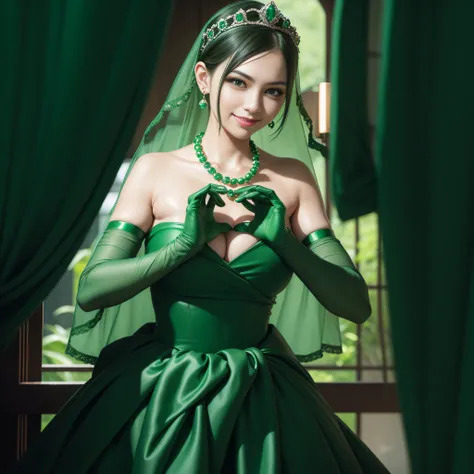 emerald tiara, Green Pearl Necklace, Boyish very short green hair, lipsticks, Japan woman smiling, very short short hair,  big breasts beautiful, Green eyes, Long green gloves made of satin material, Green eyes, Emerald Earrings, green vale, Heart with bot...