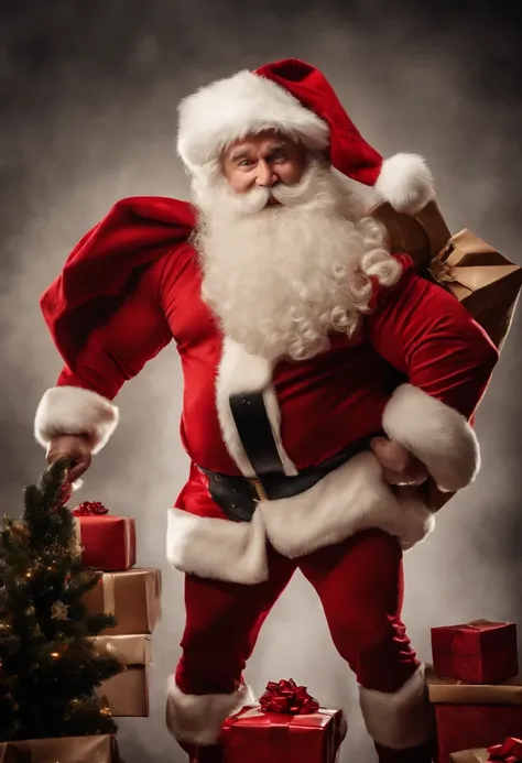 a dynamic action shot of a bodybuilder Santa Claus lifting a sack of presents, emphasizing his muscular physique and the effort it takes to deliver gifts to children around the world.