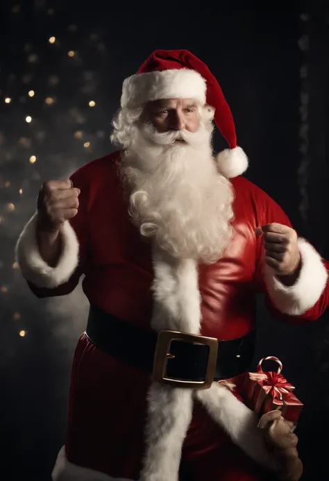 a detail shot of a Santa Claus with perfectly sculpted abs, highlighting the dedication and discipline that he maintains even during the holiday season