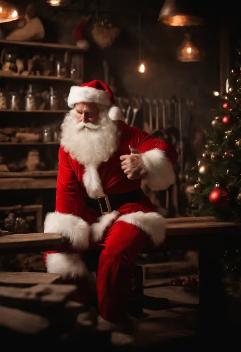 a candid shot of a bodybuilder Santa Claus working out in his workshop, combining the elements of fitness and Christmas in a unique and fun way