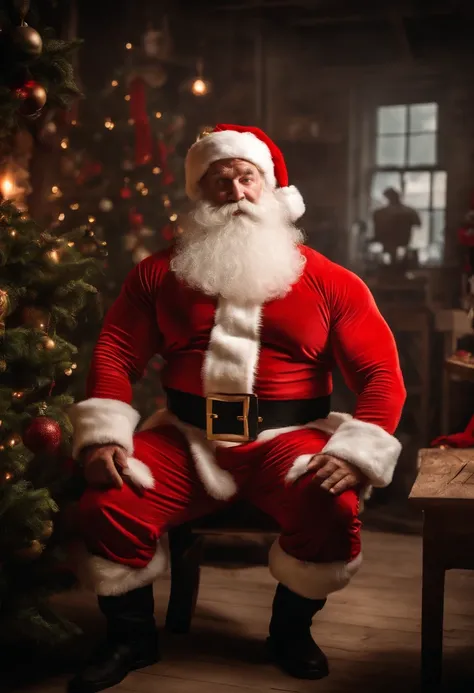 a candid shot of a bodybuilder Santa Claus working out in his workshop, combining the elements of fitness and Christmas in a unique and fun way