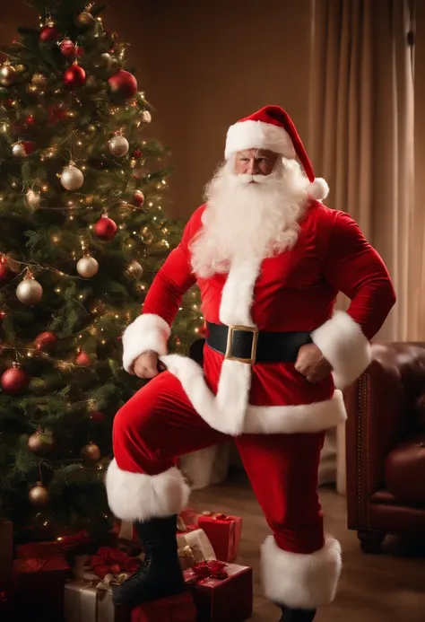 a creative shot of a bodybuilder Santa Claus holding a dumbbell while standing next to a Christmas tree, showcasing the juxtaposition of strength and holiday cheer