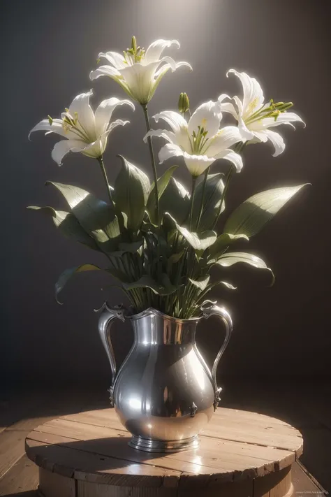 (best quality,highres),(metallic flowers,solid silver lilies,real silver texture),(volumetric lighting,octane rendering),(outstanding metallic floral products)