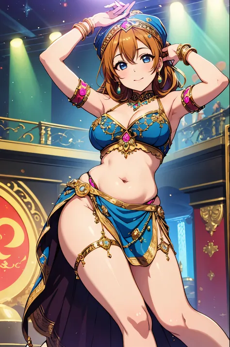 ((best quality)), ((masterpiece)), (detailed), bellydancer ,jewelry, dancing, arabian clothes, colorful clothes, turban/headband, kousaka honoka, curvy body, arms up,plump, thighs, (exposed pussy)