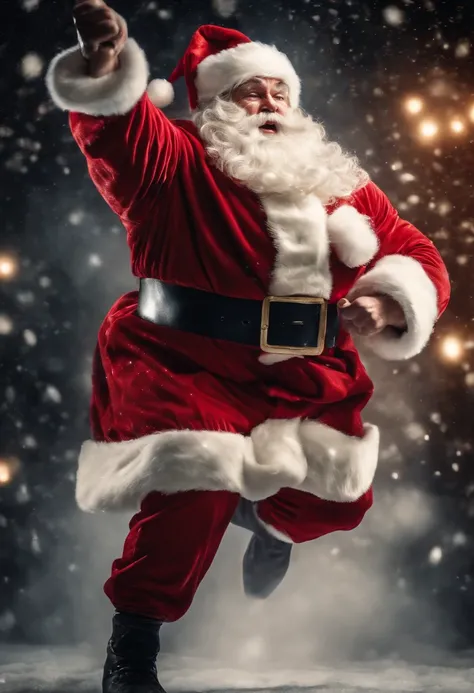 a dynamic action shot of a bodybuilder Santa Claus performing a powerful jump, embodying the spirit of strength and joy during the holiday season.