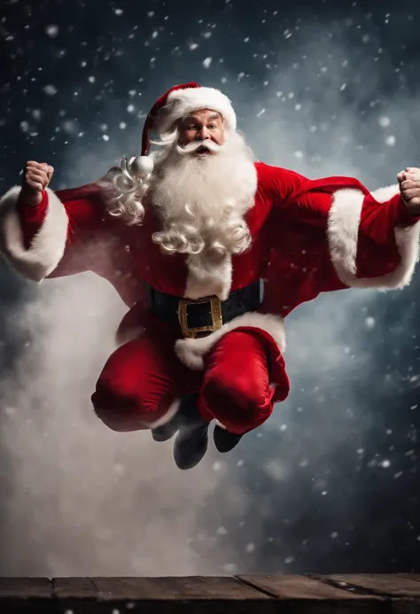 a dynamic action shot of a bodybuilder Santa Claus performing a powerful jump, embodying the spirit of strength and joy during the holiday season.