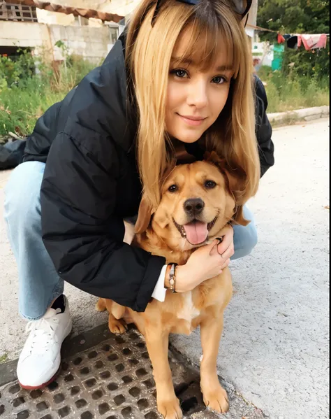 Woman with long blonde hair and a bangs hugging a caramel blonde dog simil beagle