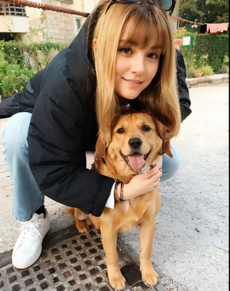 Woman with long blonde hair and a bangs hugging a caramel blonde dog simil beagle