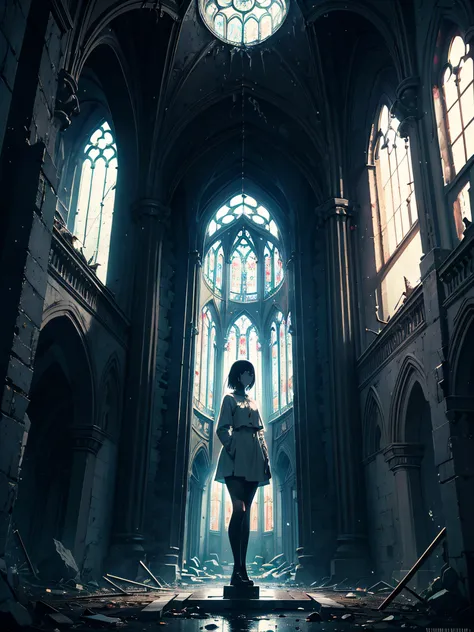 masterpiece, dark fantasy, gloomy art, dark night, highly detailed abandoned church background, mramor stone anime girl, ((mramor stone skin)), bright mramor stone white skin, mramor stone statue girl, closed stone clothing, perfect anatomy