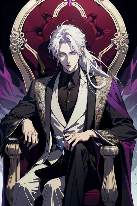 (absurd, high resolution, ultra detailed), 1 man, adult, handsome, tall and muscular boy, broad shoulders, finely detailed eyes and detailed face, long blonde hair, purple colored eyes, fantasy, magnificent background,shadow effect, throne, effect, flame a...