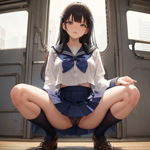 spread legs, squatting,pussy focus,cameltoe, school uniform, serafuku, pleated skirt, sailor collar, white shirt,