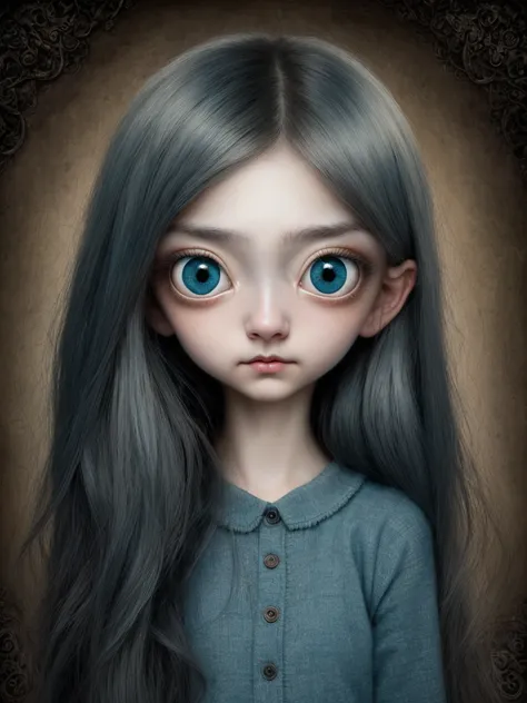 Un primer plano de una chica muy triste con el pelo largo (rubio) And the big blue eyes showing huge ((pechos)), Anton Semenov, Mark Ryden muy detallado, Estilo Mark Ryden, Mark Ryden en el estilo de, Estilo de Mark Ryden, inspirado por Mark Ryden, Naoto H...