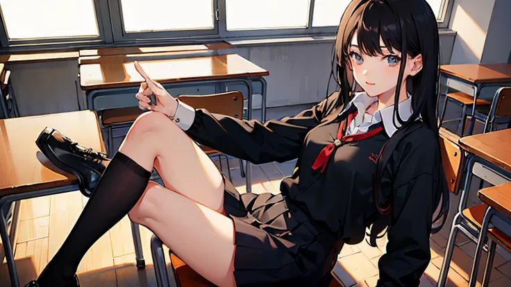 ((masterpiece,best quality)),1girl,black hair, school uniform, indoors, classroom, glowing, sidelighting,