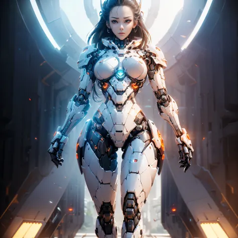 (generate a female robot, big robot breast, mecha cyber armor, raytracing, beautifull fingers, beautifull hands, (4 fingers in 1 hand), full body photoshoot, perfect anatomy, good lighting, professional photoshoot, sharp eye, fresh lips