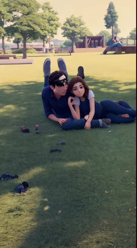 there is a man and a woman laying on the grass, laying on the ground, at the park, at a park, in the park, laying down in the grass, sitting on one knee on the grass, very very low quality picture, in a park, sitting on the ground, profile pic, lying on th...