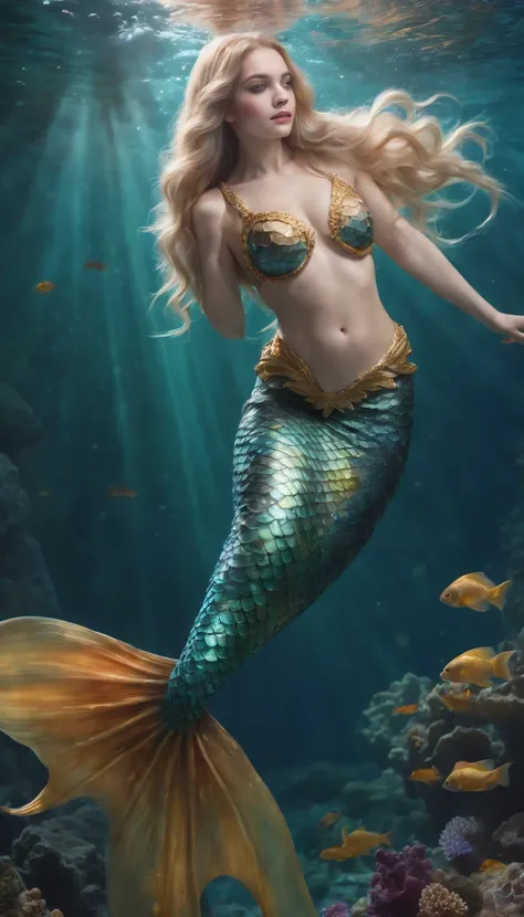 (professional photo:1.3) ((Mermaid swims all over)) (Realistic:1.3) most beautiful artwork photo in the world，(((Blond hair))), (( Brown eyes)), brunette, Caucasians, ((long mermaid tail)), (((Detailed mermaid fins))), full body, sport, Features: Soft and ...