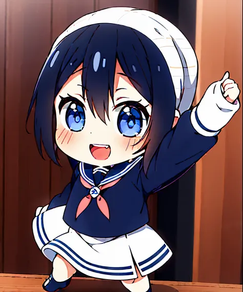 1girl in、(Chibi:1.3)、
Focus on your audience systematically、Blushing、A smile、:D、Open your mouth
Dancing Girl、Dark hair、a sailor suit、Look at the dynamic pose viewer、