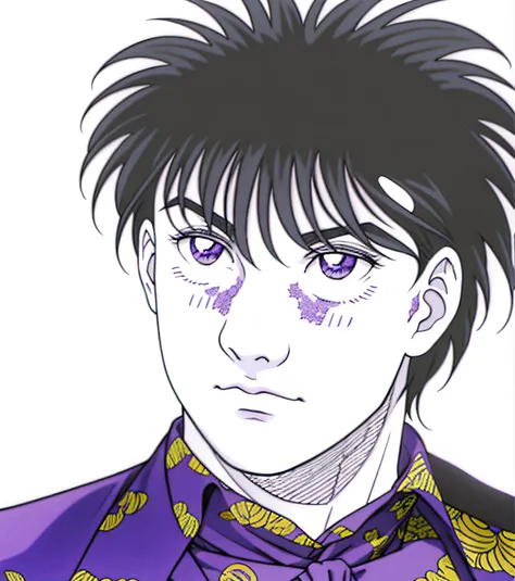 un dessin d&#39;un homme avec une chemise violette et une cravate violette, kentaro miura manga style, Kentaro Miura Manga Art Style, Hajime no ippo Manga inspiré, Shinji Ikari, Style manga de Kentaro Miura, Kentaro Miura style artistique, Style Kentaro Mi...