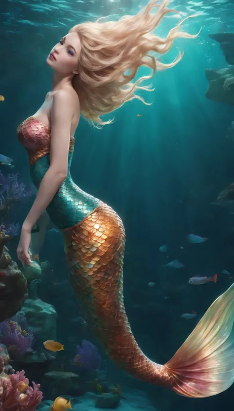 (professional photo:1.3) Fujifilm X-T3, 35mm lens ((Mermaid swims all over)) (Realistic:1.3) most beautiful artwork photo in the world，(((Blond hair))), (( Brown eyes)), brunette, Caucasians, ((long mermaid tail)), (((Detailed mermaid fins))), full body, s...