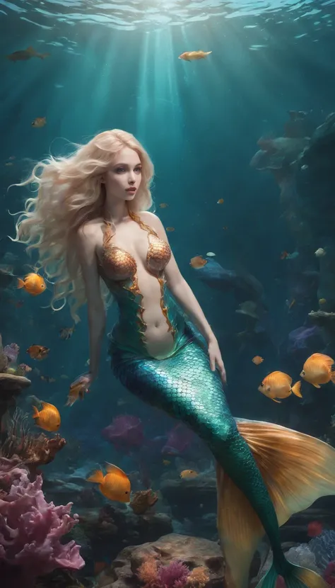 (professional photo:1.3) Fujifilm X-T3, 35mm lens ((Mermaid swims all over)) (Realistic:1.3) most beautiful artwork photo in the world，(((Blond hair))), (( Brown eyes)), brunette, Caucasians, ((long mermaid tail)), (((Detailed mermaid fins))), full body, s...