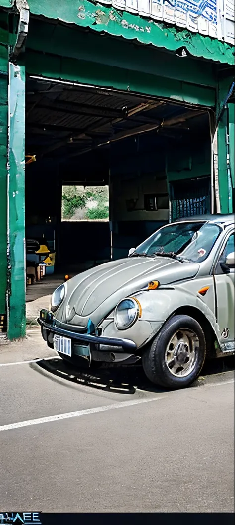 there is a beetle that is parked in a garage, Frente cheia, perfil frontal, tiro frontal, tiro traseiro, Vista lateral superior frontal, tiro frontal, Vistas Frontal e Traseira, Frente, Foto de perfil frontal, vista completa de um carro, perspectiva fronta...