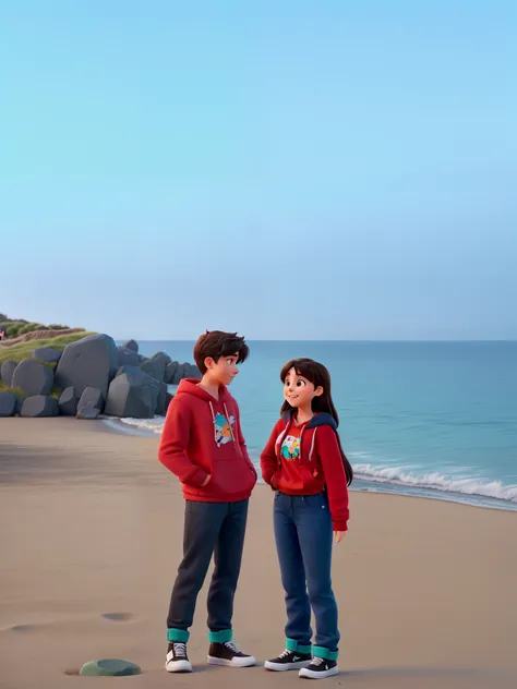 A couple young lady and young man standing on the sand next to the sea holding hands and laughing hard together, the woman has dark blond hair and the man black hair, both wear couple winter shirt red color and on the shirt it’s a teddy bear wearing blue c...