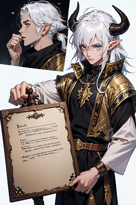 Dungeons and dragons, character reference, young male elf, mage, bull horns, long messy hair, white hair, fantasy, elf ears,