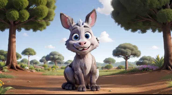 An adult donkey, confident appearance, long ears, one ear lowered, blue eyes, four legs, dark gray fur, cute, round face, charming, Madagascar, large white teeth, trees in the background, flowers on the ground, Disney,