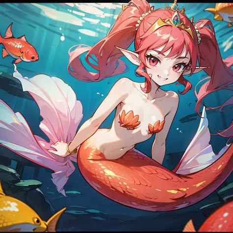 Pretty 15 years old princess magically transformed into a beautiful mermaid, race swap, none human, fish like, long mermaid tail below waistline, pointy ears, red fish scales on skin, drawn in anime style, very long pigtails red hair, sharp teeth, is smili...