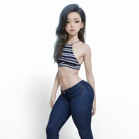 ((medium breast, tomboy girls, small head)),  (chiseled abs : 1.1), (perfect body : 1.1), (short wavy hair : 1.2) , auburn hair, collar, chain, full body shot, crowded street, wearing black tanktop, jeans jacket, ((shorts)), (extremely detailed CG 8k wallp...