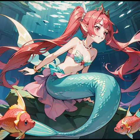 Pretty 15 years old princess magically transformed into a beautiful mermaid, race swap, none human, fish like, long mermaid tail below waistline, pointy ears, red fish scales on skin, drawn in anime style, very long pigtails red hair, sharp teeth, is smili...