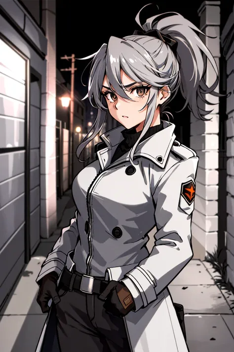 tmasterpiece, high qulity, Focus sharp, 25-year-old female detective, Gray hair tied into a ponytail, wearing a trenchcoat, bright brown eyes, Gritty, (during night), Dirty dark alley, cold atmosphere, 8K, hyper HD, absurd res