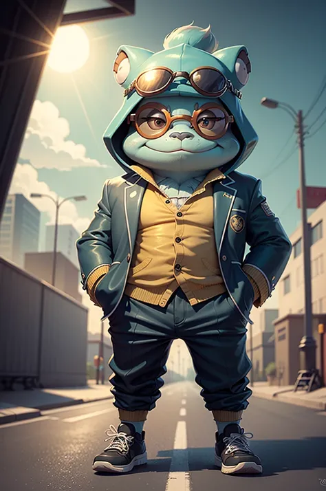 c4tt4stic, Cartoon frog wearing suit and skateboard, sun glasses,