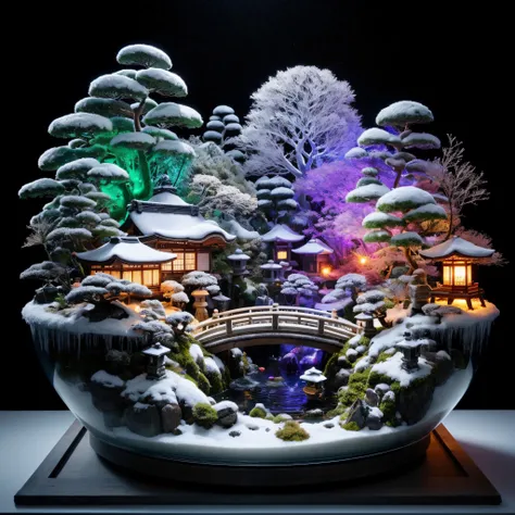 ((8K, Best Quality, masutepiece, 超A high resolution:1.0)), box garden, Realistic, Live action, (miniature garden), Garden Lights, pond, Koi, Black background, lanthanum, Perfect composition, Distortion correction, Japanese garden